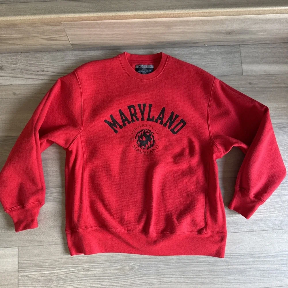 Vintage Champion University Of Maryland Crewneck Sweatshirt Pullover Red Sz M